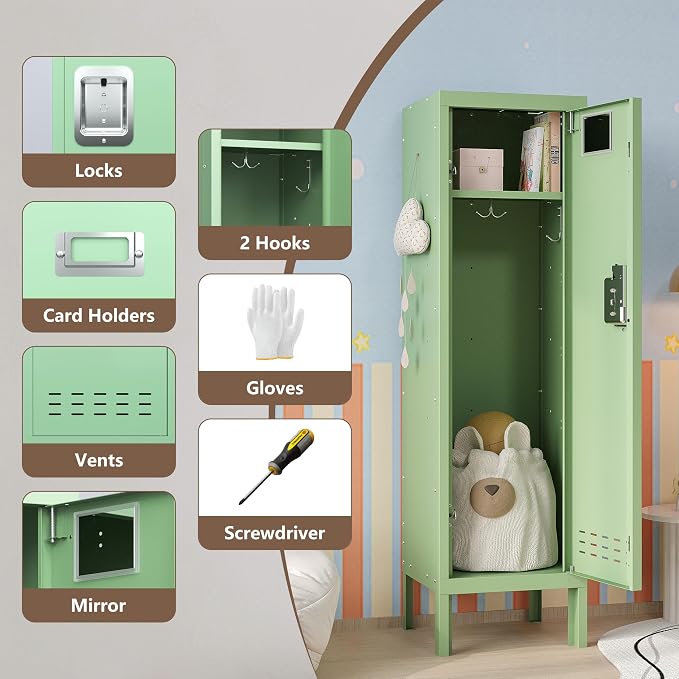 BUTISOW Metal Storage Locker with Lock & Card Slot Locker - Secure Lockable Door - Steel Locker for School, Office, Gym, Home - 54" H x 15" W x 15" D（1 Door, Mint）