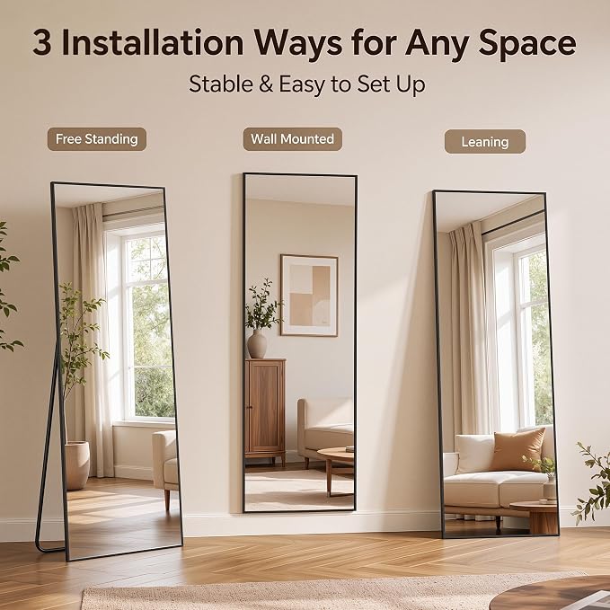 Antok Full Length Mirror, 58"x19" Floor Mirror with Stand, Hanging Mounted Mirrors for Bedroom, Living Room, Cloakroom, Dining Room, Black, Rect