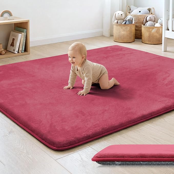 1.3" Thick Baby Floor Play Mat 50x50 Padded Foam Mat, Burgundy | Memory Mat for Baby to Play on Floor Waterproof Easy Care with Non-Slip Tummy Time Play Mat for Nursery Playroom Classroom