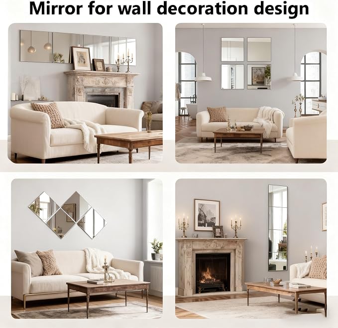 4 Pack Acrylic Mirrors for Wall,12 x 12 Inch Self Adhesive Frameless Small Mirror Tiles, Flexible Plastic Mirror Sheets for Bedroom Home Gym Door (12"X12"-4Pcs)
