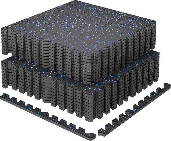 SUPERJARE 0.79'' Extra-Thick Exercise Equipment Mats, 18 Pcs 72 Sq Ft Rubber Top Floor Tiles with High Density EVA Foam, Interlocking Gym Flooring for Home Gym, Workout Mat, Black/Blue