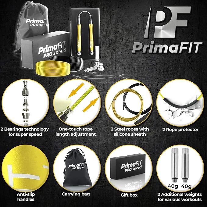 PrimaFIT Pro Speed Jump Rope for Adults, Weighted Skipping Rope for Boxing | Adjustable Jumping Rope for Fitness Workout & CrossFit Exercise, Double Unders, Handle Weights, 3m Cables 2 Protectors, Bag