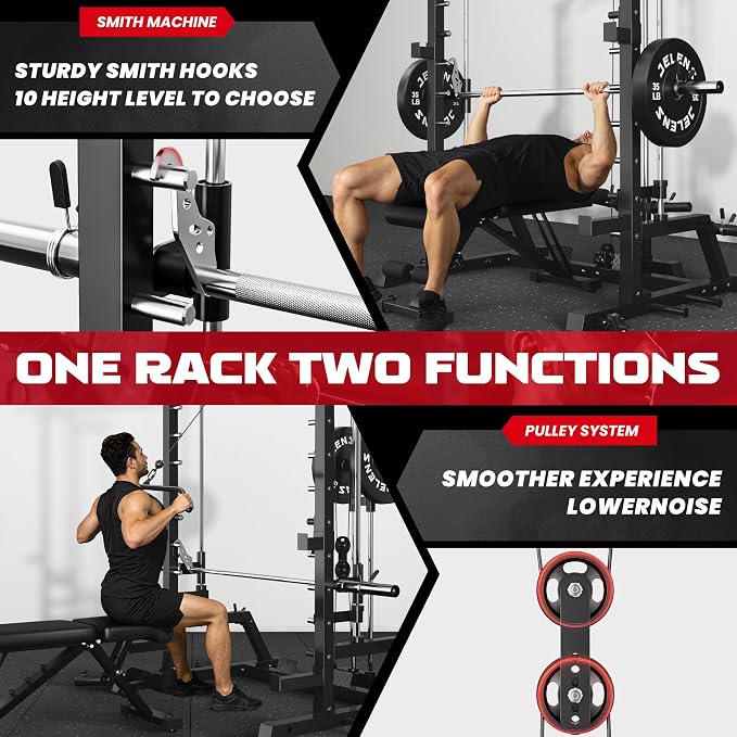 SR01 Smith Machine, 2000LBS Multi-Function Power Cage with LAT Pulldown System, All-in-One Home Gym Squat Rack with Smith Bar and Training Attachments for Full Body Workouts