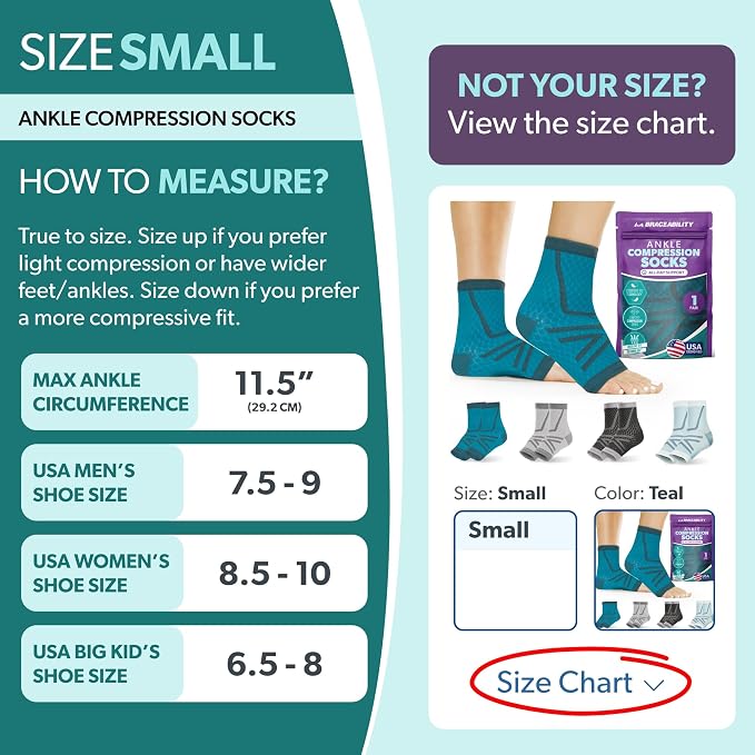 BraceAbility Athletic Ankle Compression Socks for Men or Women - Toeless Running Ankle Brace Support Sleeves for Sports, Workout, Plantar Fasciitis, Achilles Tendonitis, Foot Pain Relief (S - Teal)
