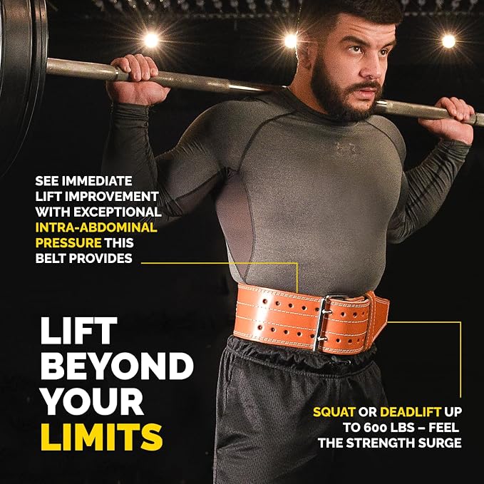 5mm Genuine Leather Weight Lifting Belt for Squats and Deadlifts | 4-inch lumbar support, two-prong buckle, double-layer construction, comfortable adjustable fit for heavy lifts