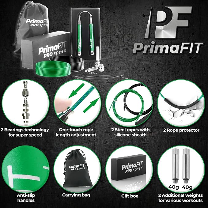 PrimaFIT Pro Speed Jump Rope for Adults, Weighted Skipping Rope for Boxing | Adjustable Jumping Rope for Fitness Workout & CrossFit Exercise, Double Unders, Handle Weights, 3m Cables 2 Protectors, Bag