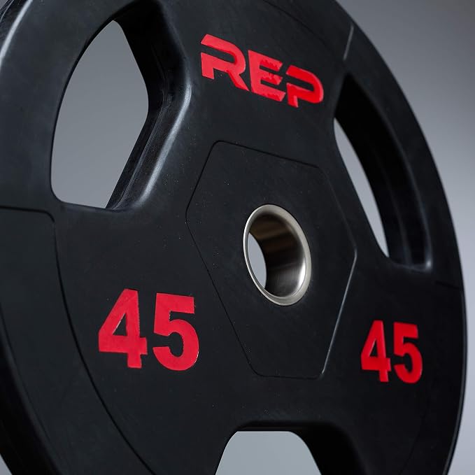 REP Fitness Rubber Coated Olympic Plates, Updated Design - Tri-Grip Olympic Barbell Weights – Sold in Pairs and Sets…