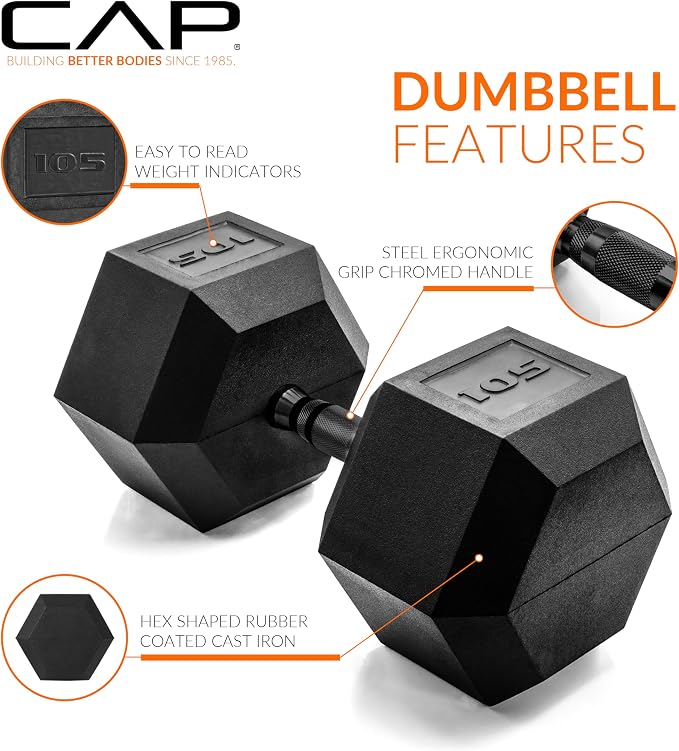 CAP Rubber Coated Dumbbell Weights, Free Weights for Home Gym Strength Training, Anti-Roll Hex Dumbbells with Black, Chrome & Comfort Grip Handles, Singles