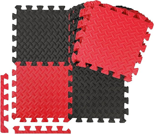 Ecally 100 Pcs 12 x 12 Gym Mat Foam Floor Mats for Home Gym Covers 96 Sq Ft Puzzle Exercise Square Interlocking Carpet Tiles with Border for Workouts Equipment Yoga Pilates (Black,Red)
