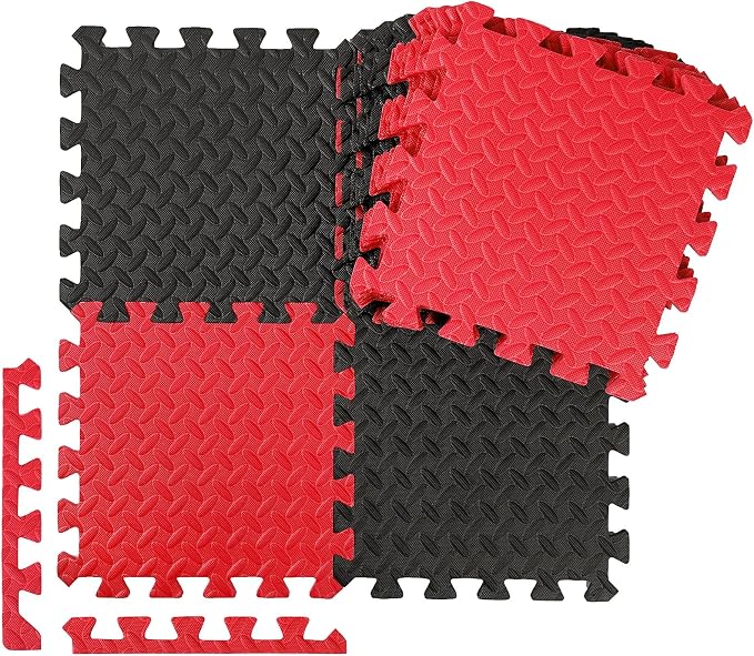 Ecally 200 Pcs 12 x 12 Gym Mat Foam Floor Mats for Home Gym Covers 96 Sq Ft Puzzle Exercise Square Interlocking Carpet Tiles with Border for Workouts Equipment Yoga Pilates (Black,Red)