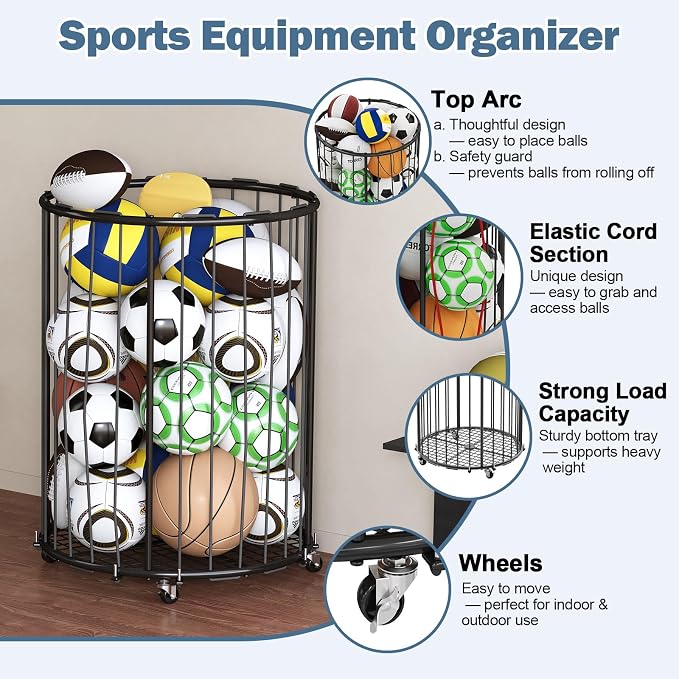 Hencawima Garage Ball Storage: Round Sports Equipment Organizer with Wheels, Sports Ball Rack With Elastic Rope, Ball Holder for Basketball, Soccer, Volleyball, Football, Garage, Gym, Outdoor (Black)