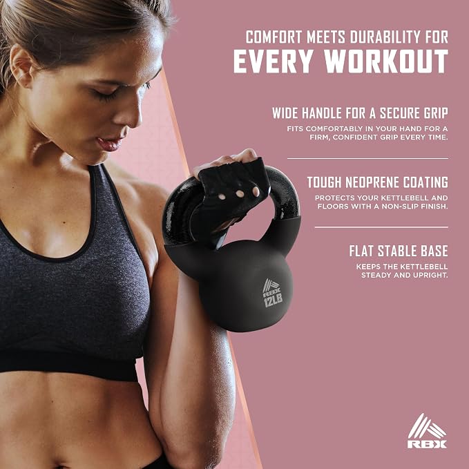 RBX Neoprene Kettlebell, Wide Handle, Iron Core, Flat Bottom, Great for All Fitness Levels
