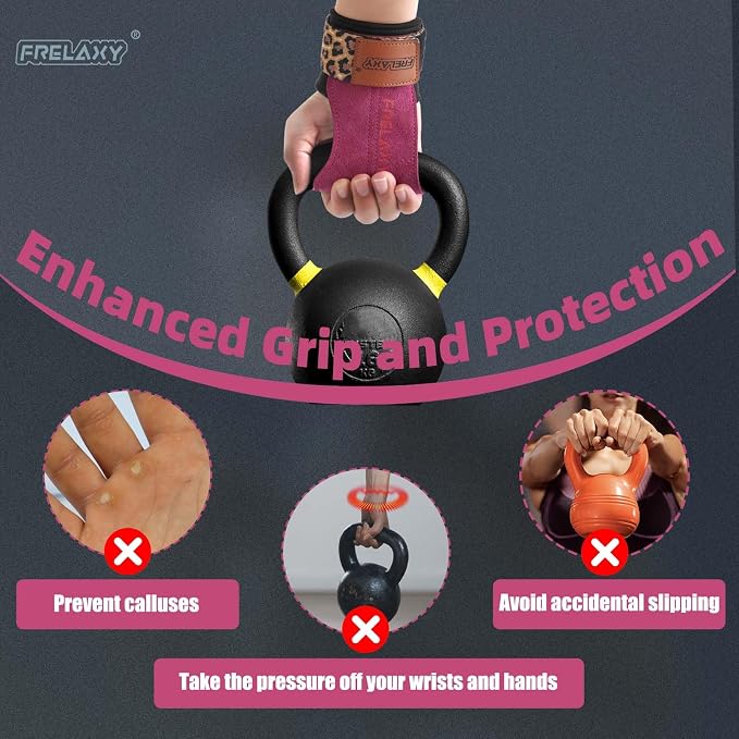 Frelaxy Lifting Wrist Straps for Women and Men, Weight Lifting Grips | Double-layer leather, Cushioned wrist support, Durable construction, Storage pouch, Deadlifts, rows, lat pulldowns