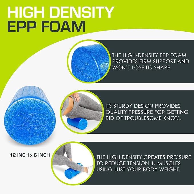 ProsourceFit High Density Foam Rollers 12 - inches long, Firm Full Body Athletic Massager for Back Stretching, Yoga, Pilates, Post Workout Trigger Point Release, Blue