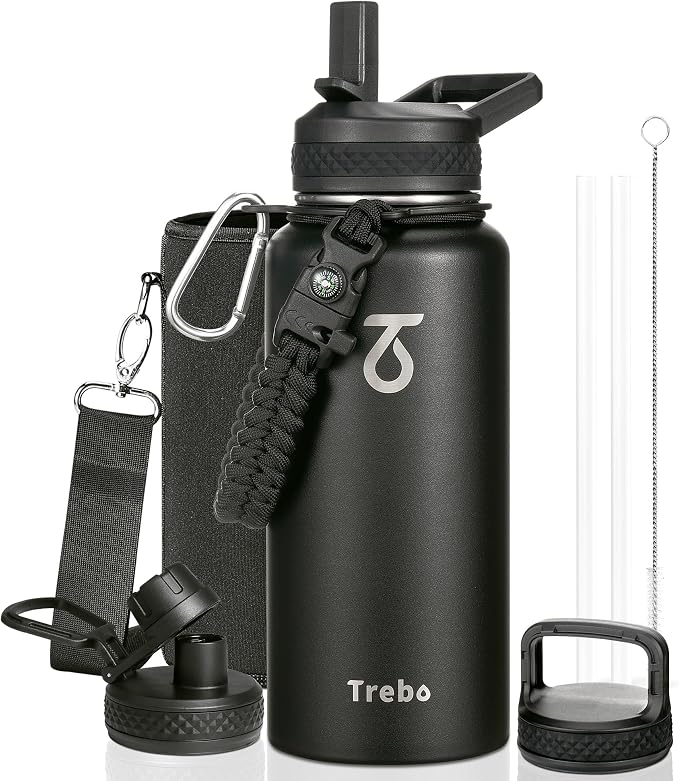 Trebo Insulated Water Bottle 32 oz with 3 Lids, Paracord Handle & Sleeve | Stainless Steel Metal Flask Vacuum, Triple Wall Copper Plated, Dishwasher Safe, Cold 48Hrs for Trail, Hiking, Wide Mouth