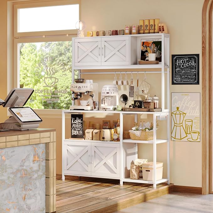 Huuger Large Bakers Rack with Power Outlet, Kitchen Microwave Stand with Cabinets, Coffee Bar Table Station with Storage, 6 S-Shaped Hooks, Mesh Shelves, 45 Inch Wooden Top, White