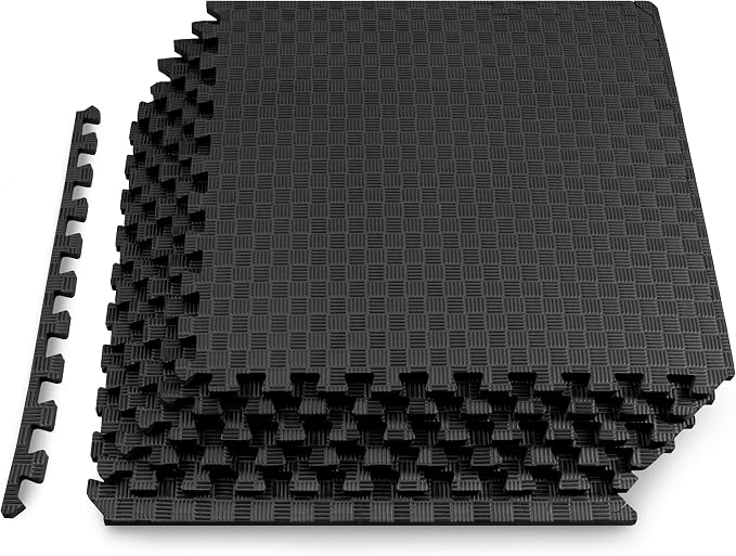 ProsourceFit Exercise Puzzle Mat ½-inch, Checkered EVA Foam Floor Tiles w/Non-Slip Texture, Interlocking Design for Adjustable Gym Surfaces, Shock Absorbing, Black, 24 Sq Ft - 6 Tiles