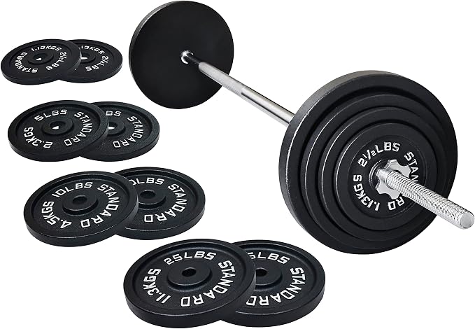 Fitvids Barbell Weight Set, Cast Iron 1" Standard Weight Plates Including 5FT Standard Barbell Bar & Star Locks, 95 Pounds Set (85 Lbs Plates + 10 Lbs Barbell Bar), Multiple Packages