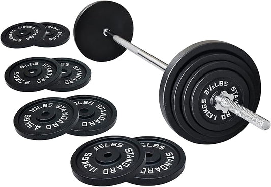 Fitvids Barbell Weight Set, Cast Iron 1" Standard Weight Plates Including 5FT Standard Barbell Bar & Star Locks, 95 Pounds Set (85 Lbs Plates + 10 Lbs Barbell Bar), Multiple Packages