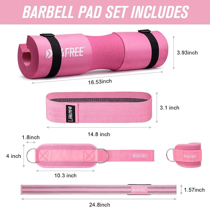 G4Free 7/9Pcs Barbell Pad Set for Squat, Hip Thrusts, Lunges, Leg day | Standard Olympic Bars with 2 Gym Ankle Safety Straps, 3 Hip Resistance Bands, 2 Lifting Strap, Barbell Pad, and Carry Bag
