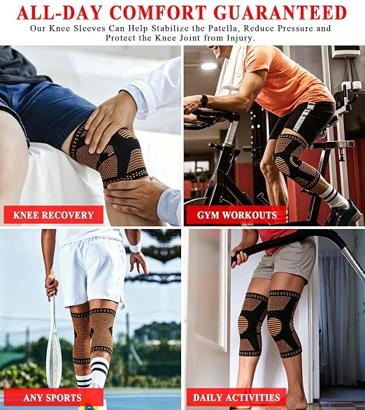 2 Pcs Knee Compression Sleeves for Men Women, Compression Knee Brace with Patella Gel Pad & Side Stabilizers,Knee Support for Meniscus Tear, Arthritis, Knee Pain Relief, Sports (Black and Brown, Medium)