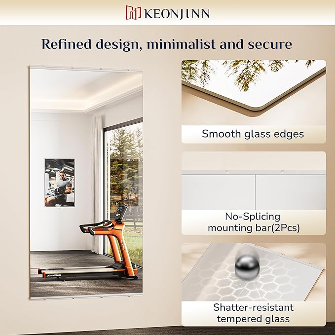 Keonjinn Home Gym Mirror, 72" x 36" - 2PCS Workout Mirrors for Home Gym, Frameless Tempered Glass, Full Body Wall Mirrors for Fitness Exercise, Yoga Room, Dance Studio, Bedroom, Garage