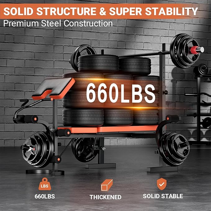 Fostoy Adjustable Olympic Weight Bench with Squat Rack & Leg Developer | 770lbs Positions & Heavy Duty Frame, Designed for Bench Press, Squats, Dumbbell Training and Full Body Workouts