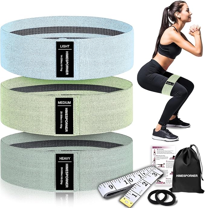 HIMESPORNER Wide Fabric Resistance Bands for Working Out 3 Level | Non-Slip Exercise Booty Bands for Women Men Leg Glutes with Hair Ties and Tape Measure - for Home Gym Workout, Yoga, Pilates