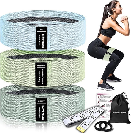 HIMESPORNER Wide Fabric Resistance Bands for Working Out 3 Level | Non-Slip Exercise Booty Bands for Women Men Leg Glutes with Hair Ties and Tape Measure - for Home Gym Workout, Yoga, Pilates