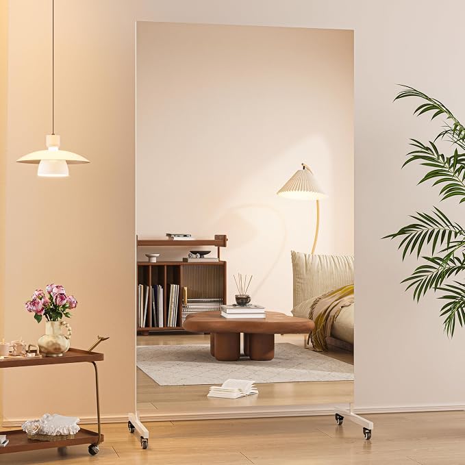 Hasipu 67" x 40" Large Full Length Rolling Mirror with Wheels, White | Tempered glass, sturdy metal frame, smooth rolling casters, removable stand, ideal for gym, bedroom, dance studio & yoga.