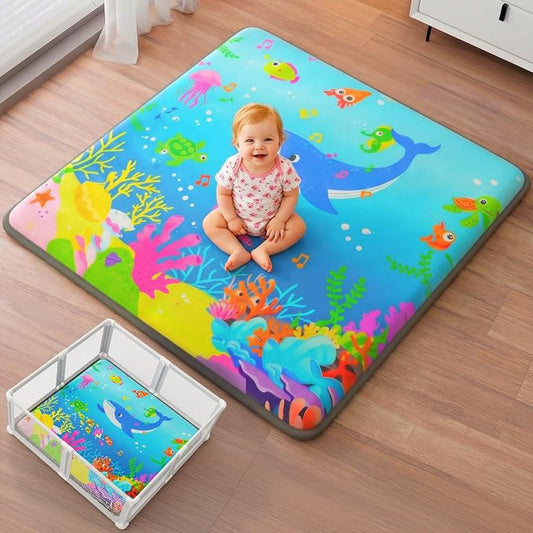 1.3" Thick Baby Play Mat for Floor, Elasti-Foam 71x59 Playpen Mat, Water Repellent Ultra Soft Coral Velvet Tummy Time Crawling Mats for Kid Toddlers Infants, Non-Slip Backing Safe for Crawling Ocean