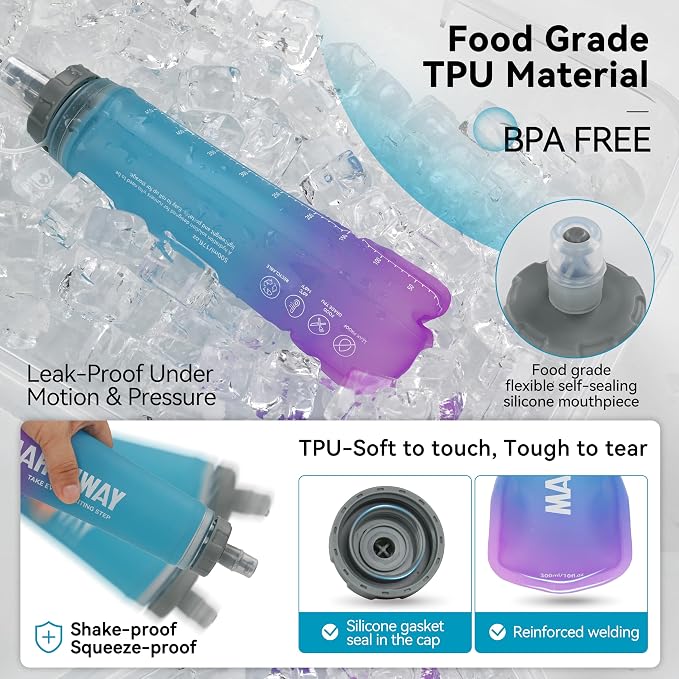 MARCHWAY Soft Hydration Flask with Wide Mouth, 300ml/500ml Collapsible TPU Water Bottle, Leakproof Portable Flexible for Running, Hiking, Cycling, Climbing, Gym, Travel (2pcs Blue-Purple 300ml)