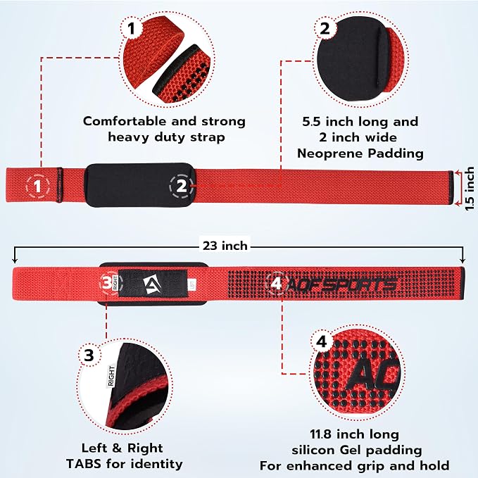 AQF Weight Lifting Straps, Padded Cotton Gym Wrist Straps for Deadlifts | 23" Extra-Long, Heavy-Duty Webbing, 5mm Neoprene Cushioning, Open-Loop Design, Sold as Pair, Ideal for Rows & Pull Workout