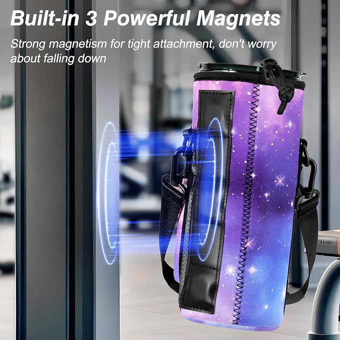 Nuovoware Magnetic Gym Bag, 25oz/32oz, Water Bottle Carrier, Starry Purple | Adjustable Shoulder Strap, 2 Pocket, Sports Sling Neoprene Sleeve, for Hiking Travelling Camping