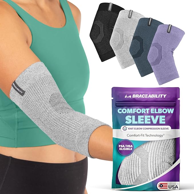 BraceAbility Elbow Compression Sleeve for Bursitis - Olecranon Elbow Brace for Tendonitis, Tennis Elbow, Golfers Elbow, Arthritis, Elbow Pain Relief Arm Sleeve for Women and Men (M - Gray)