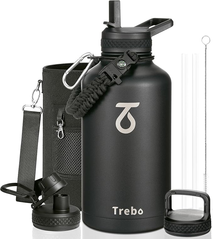 Trebo 64 oz Water Bottle Stainless Steel with 3 Lids, Paracord Handle & Bag | Half Gallon Large Insulated Jug, Triple Wall Vacuum Copper Plated, Dishwasher Safe, Cold 48Hrs for Outdoor, Hiking, Gym
