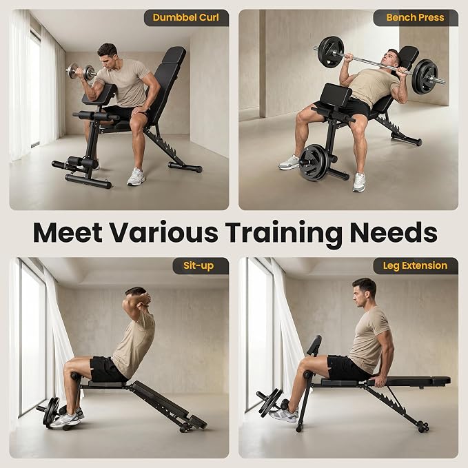 Steelite Adjustable Weight Bench for Home Gym, Foldable Workout Bench with Leg Extension and Leg Curl, 770 LBS Multi-Function Preacher Curl Weight Bench for Full Body Training Fitness, Incline Decline Flat Sit Up Bench Home Gym Equipment with Wheels fo...