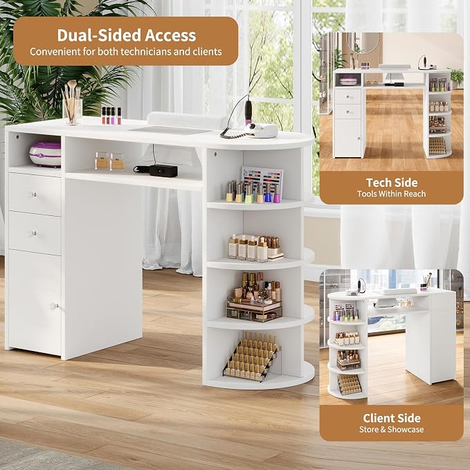 Nail Desk with Dust Collector & Power Outlet, Manicure Table with Display Rack,Professional Salon Station with Drawers and Cabinet,Acetone Resistant Top, Nail Table with Wrist Cushion for Nail Salon