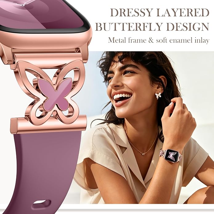 Lerobo Slim Silicone Band Compatible with Apple Watch Bands for Women | Dressy Metal Butterfly 16mm Thin Strap for iWatch Series 11 10 9 8 7 6 5 4 SE Ultra 38mm 40mm 41mm 42mm 44mm 45mm 46mm 49mm