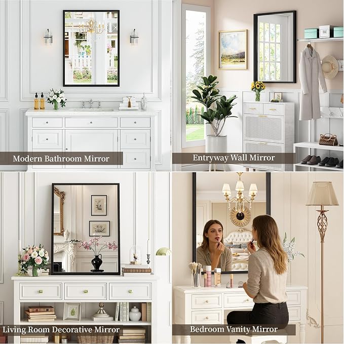 Syndra Black Wood Frame Bathroom Mirror, 30''x40'' Modern Vanity Mirror for Wall, Waterproof Slim Deep Frame, Rectangular HD Tempered Glass Mirror for Living Room, Bedroom, Entryway, Rustic, Farmhouse