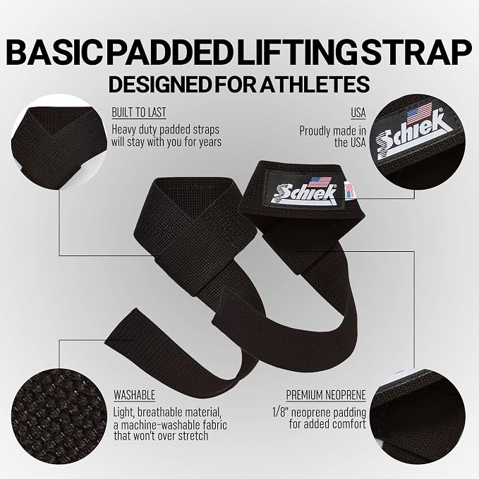 Schiek Sports, Inc. Basic Padded Lifting Straps in Black | Improves grip strength, heavy pulls, padded wrist design, all-day comfort, harbinger lifting straps, lifting atraps