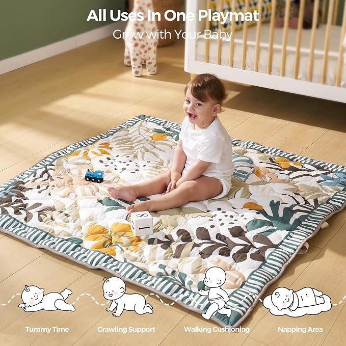 Momcozy Baby Play Mat for Floor, 50"x50" Thickened Playpen Mat | Playmate for Baby Tummy Time, Waterproof & Non-Slip, Foldable Outdoor Mat with Carrying Handle, Forest World