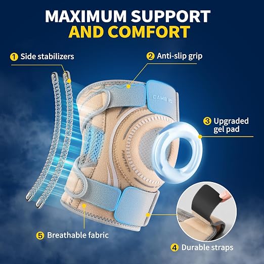 CAMBIVO Knee Brace with Stabilizers, Gel Pad & Open Patella for Men & Women | Open Patella Stabilizer for Arthritis, Meniscus & ACL MCL Relief. Adjustable Compression for Running & Sports Recovery