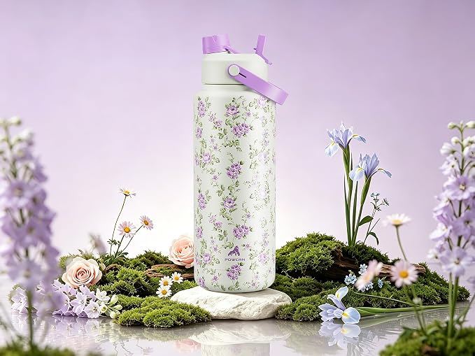 POWCAN 40 oz Insulated Water Bottle with 2-in-1 Straw and Spout Lid, Keep Cold 24H, Leak-Proof, BPA-Free, Double Wall Stainless Steel Water Bottle for Sports, Travel, Gift, School (Heirloom Garden)