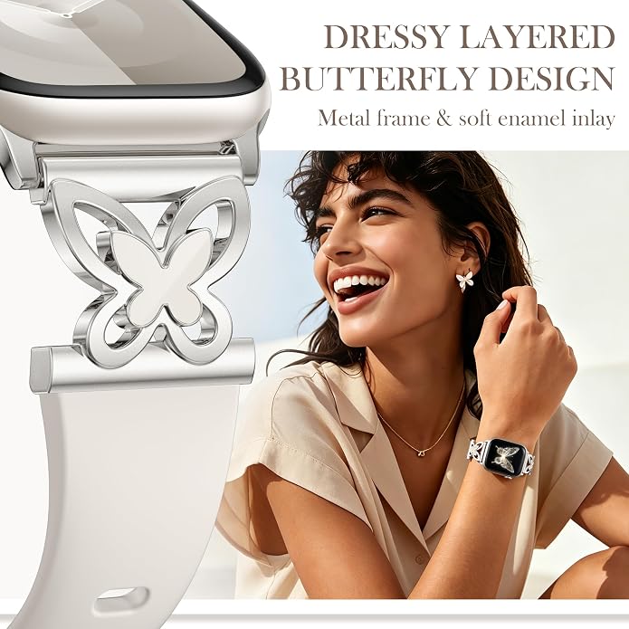 Lerobo Slim Silicone Band Compatible with Apple Watch Bands for Women | Dressy Metal Butterfly 16mm Thin Strap for iWatch Series 11 10 9 8 7 6 5 4 SE Ultra 38mm 40mm 41mm 42mm 44mm 45mm 46mm 49mm