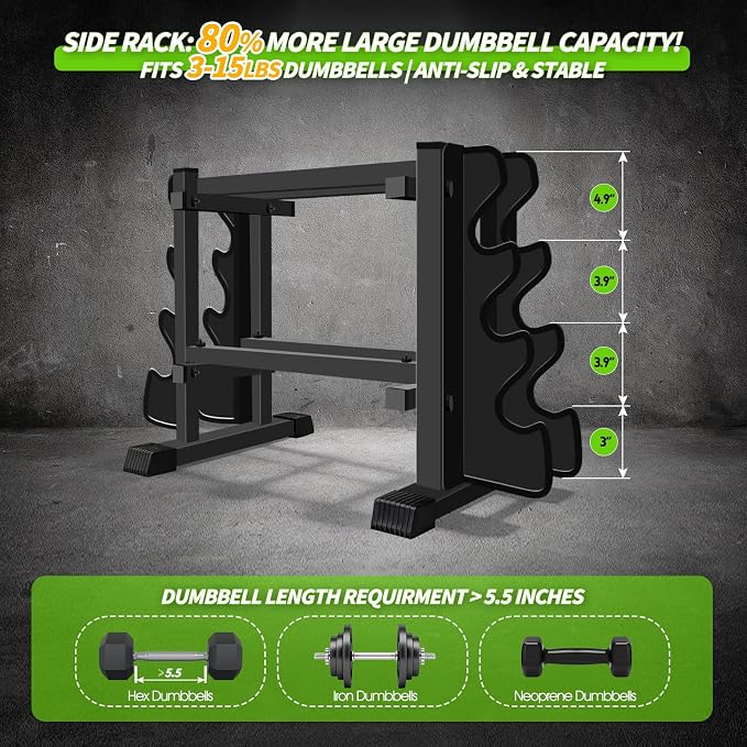 Heavy Duty Dumbbell Rack, 2-Side Extension Holder for Home Gym Storage Rack | Adjustable Width, Large Weight Capacity, Sturdy Steel Stand Only, for Dumbbells & Kettlebells Home Gym Storage Rack
