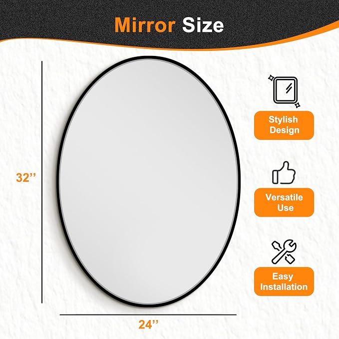 Oval Bathroom Vanity Mirror for Wall, 32''x24'' Gold Oval Bathroom Mirror for Over Sink, Bedroom, Living Room, Entryway, HD Tempered Glass, Wall Mounted Horizontally or Vertically