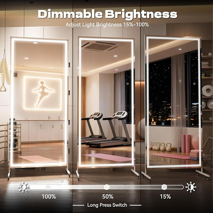 Hasipu 65"x22" LED Full Length Mirror on Wheels, 360° Swivel, White | Tempered glass & metal frame, smooth rolling casters with brakes, ideal for home gym, yoga, dance studio & bedroom.