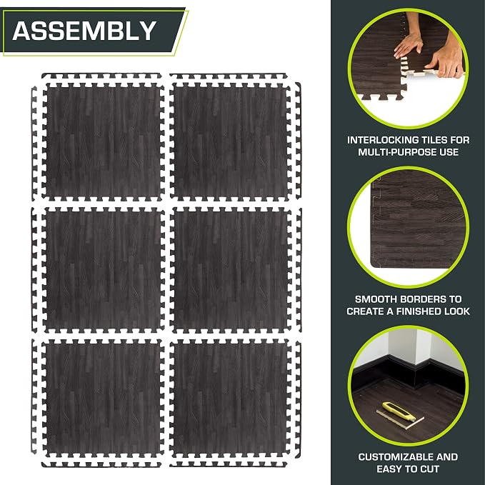 ProsourceFit Wood Grain Puzzle Mat ½-inch, 6 EVA Foam Interlocking Floor Tiles (24 SQ FT) for Secure Indoor Gym Flooring, Office Spaces, Living Rooms, and Play Areas, Carbon Black