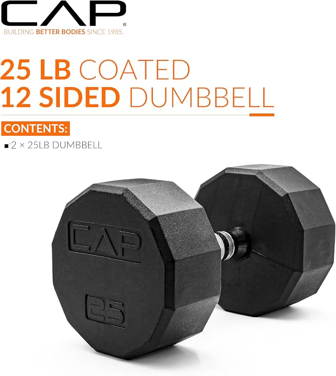 CAP Rubber Coated Dumbbell Weights, Free Weights for Home Gym Strength Training, Anti-Roll Hex Dumbbells with Black, Chrome & Comfort Grip Handles, Pairs & Sets